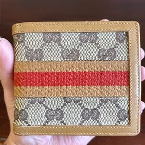 Gucci Beige Monogram Canvas with Red Stripe w leather trim bifold wallet
